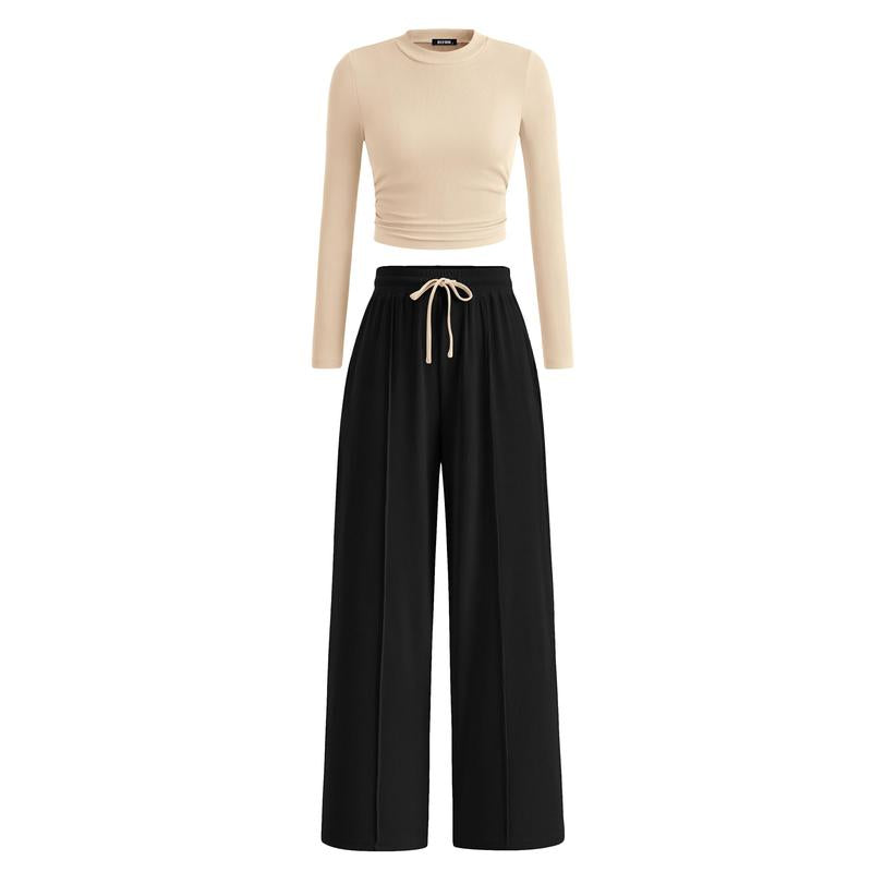 MIRELA™ - Ribbed Knit Long Sleeve Crop Top and Matching Pants Set