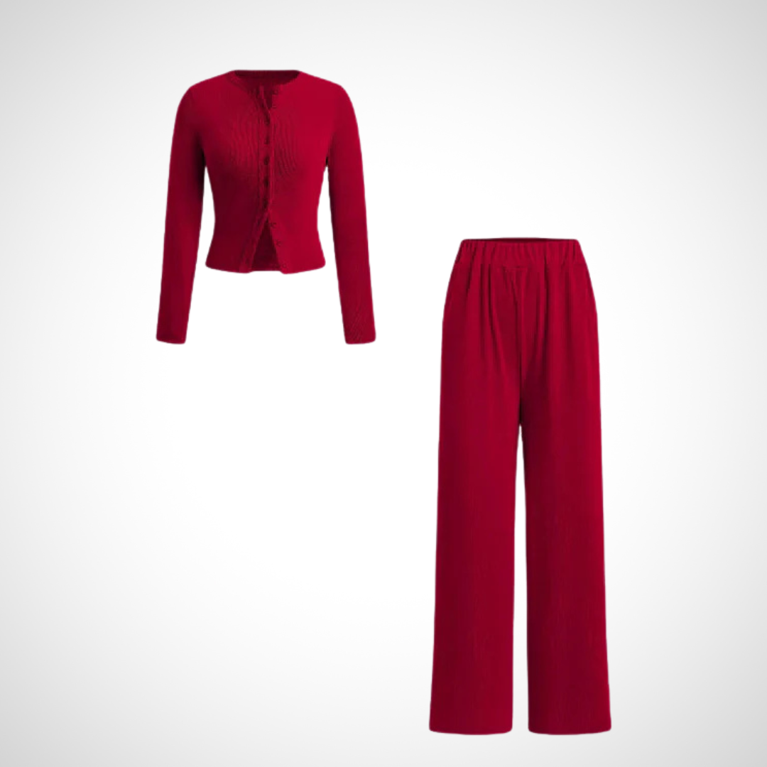 COLY™ - Comfy Button Front Long Sleeve Top and Pants Set
