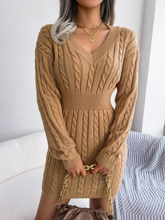 HOLLY™ - Cozy Long Sleeve V-Neck Cable Knit Sweater Dress