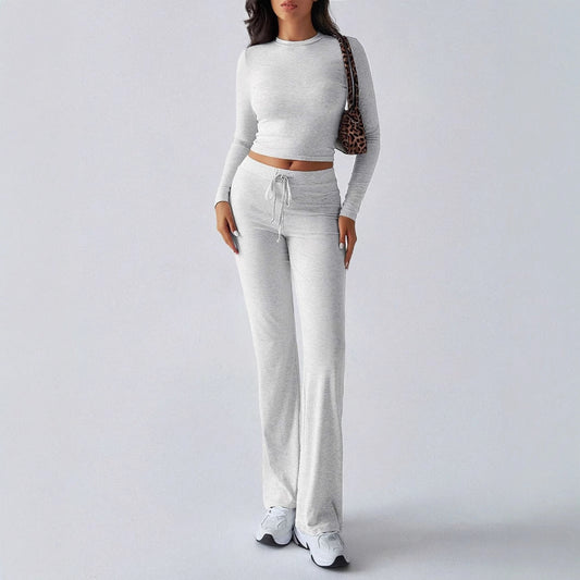 KUTIS™ - Casual Round Neck Crop Top and Drawstring High Waist Pants Set
