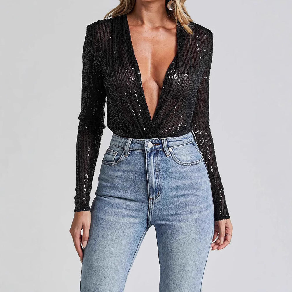 New Year Glam Deep V Sequin Bodysuit