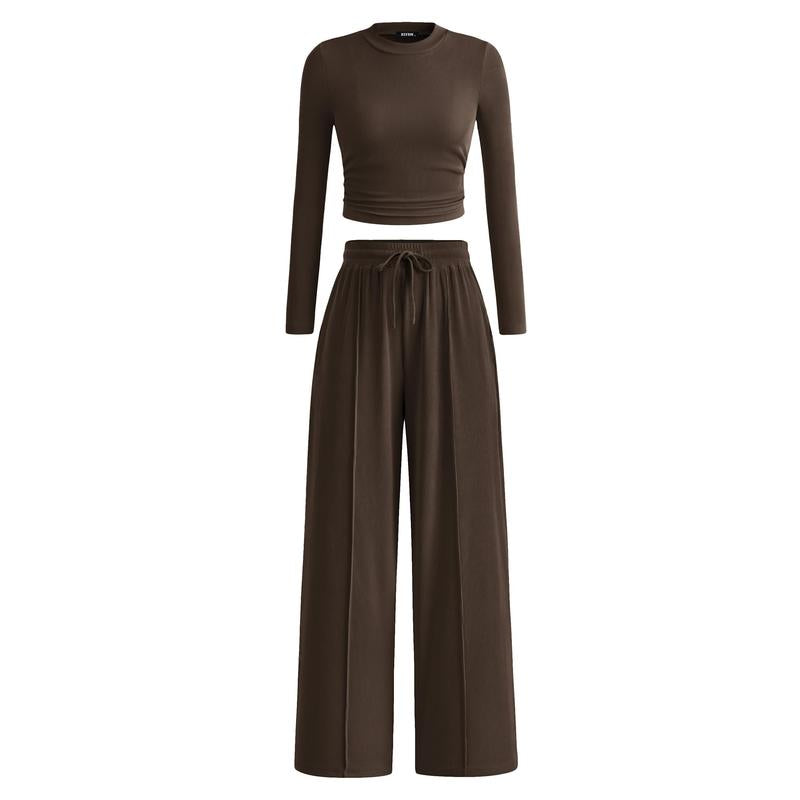 MIRELA™ - Ribbed Knit Long Sleeve Crop Top and Matching Pants Set